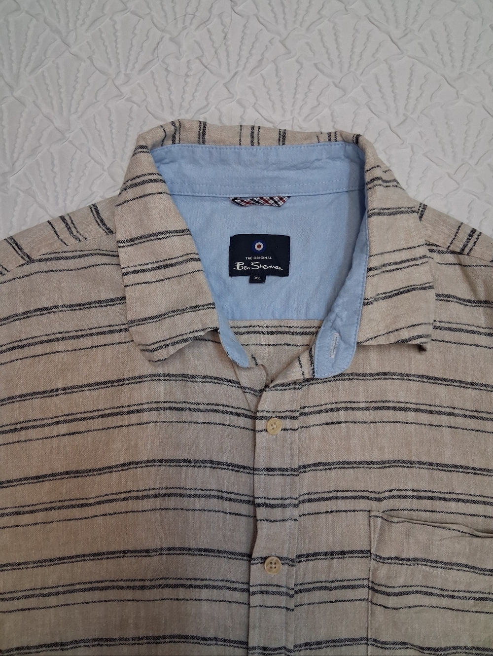 Ben Sherman Club Room Beige Short-Sleeve Button-Down with Navy Stripes - Picture 9 of 17